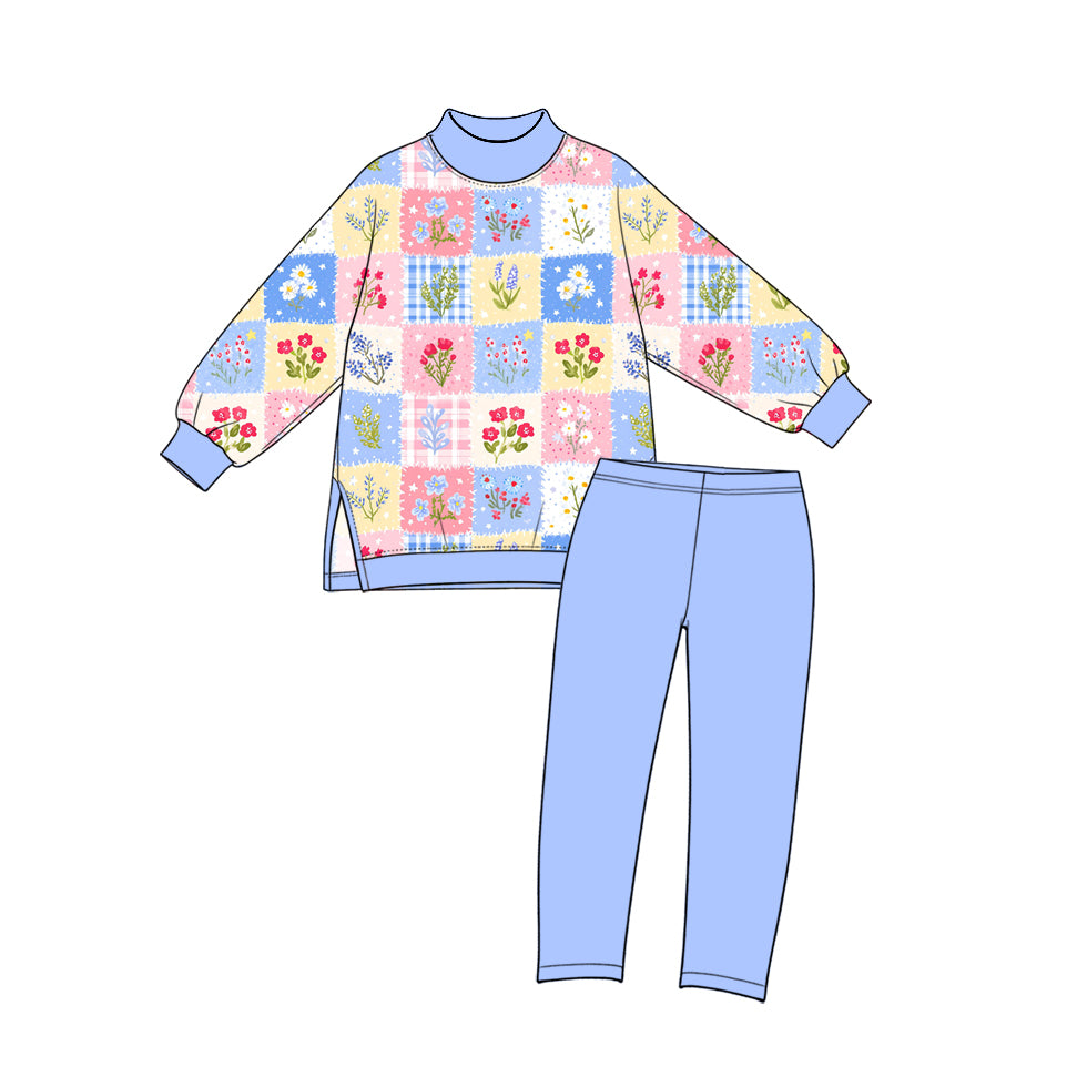 Preorder (moq 5) GLP4030 Baby Girl Clothes Color Block Checkered Floral Print Long Sleeve Yoga Outfit Set