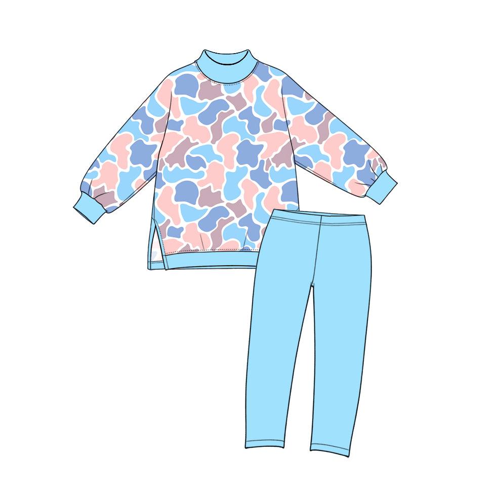 Preorder (moq 5) GLP4031 Baby Girl Clothes Pink Blue Camo Print Long Sleeve Yoga Outfit Set