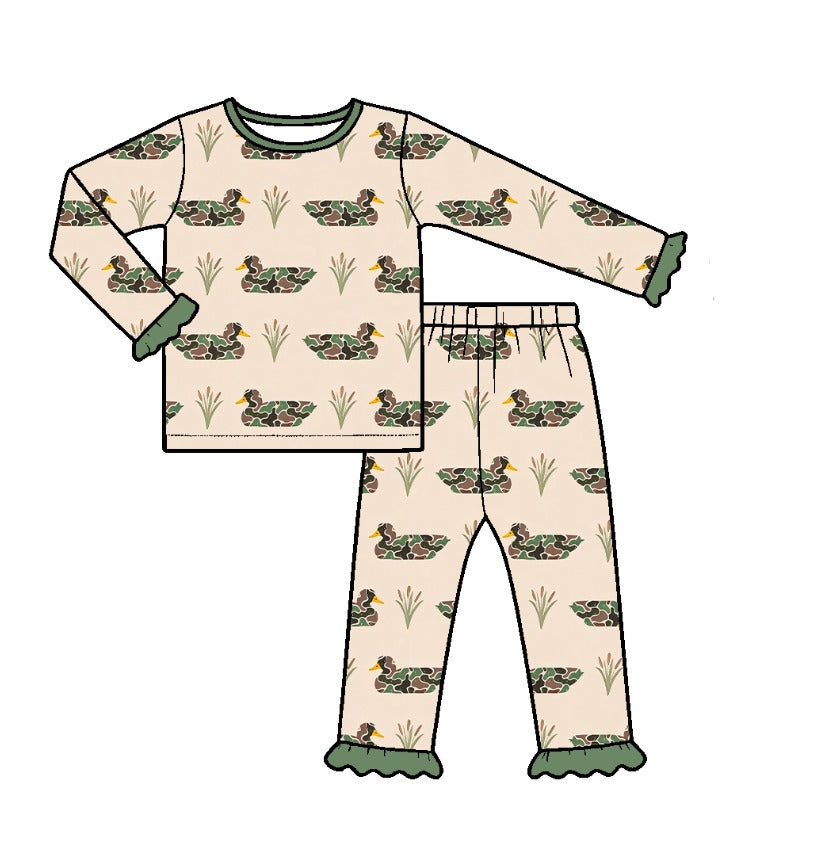 Preorder (moq 5) GLP4034 Baby Girl Clothes Duck Hunting Print Long Sleeve Flare Pant Set