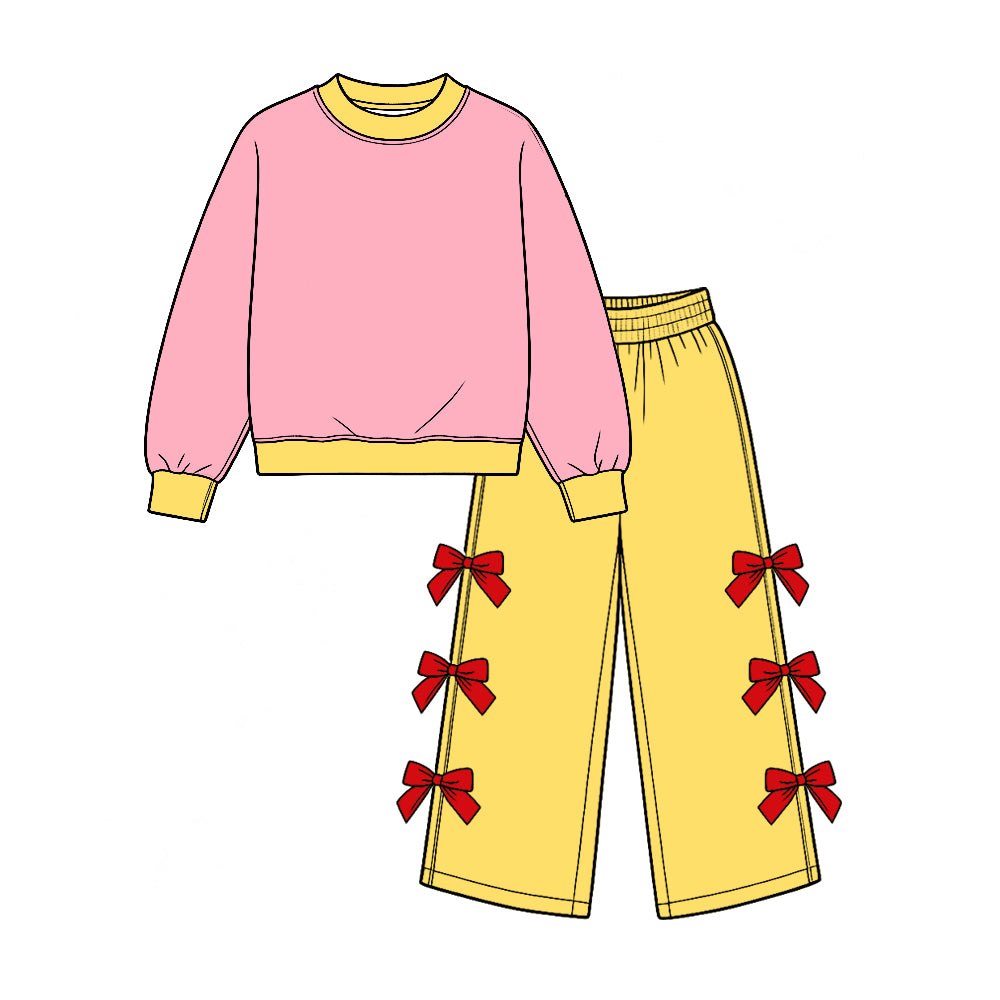 Preorder (moq 5) GLP4035 Baby Girl Clothes Solid Pink Print Long Sleeve Bow Flare Pant Set