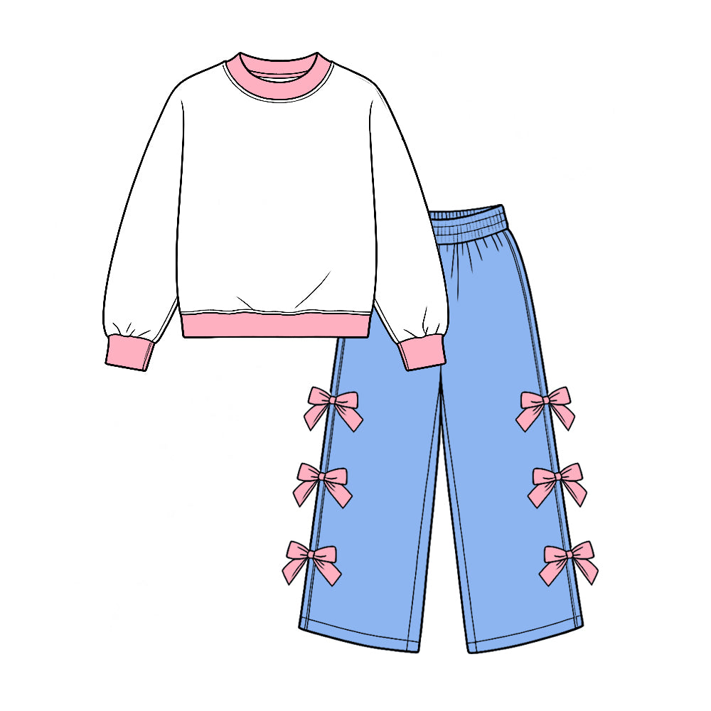 Preorder (moq 5) GLP4036 Baby Girl Clothes Solid White Print Long Sleeve Pink Bow Flare Pant Set