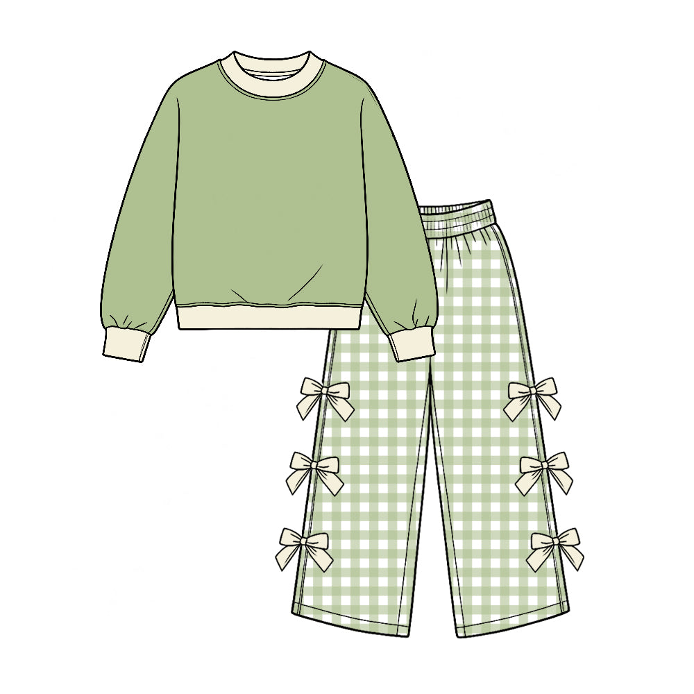 Preorder (moq 5) GLP4037 Baby Girl Clothes Green Gingham Print Long Sleeve Bow Flare Pant Set