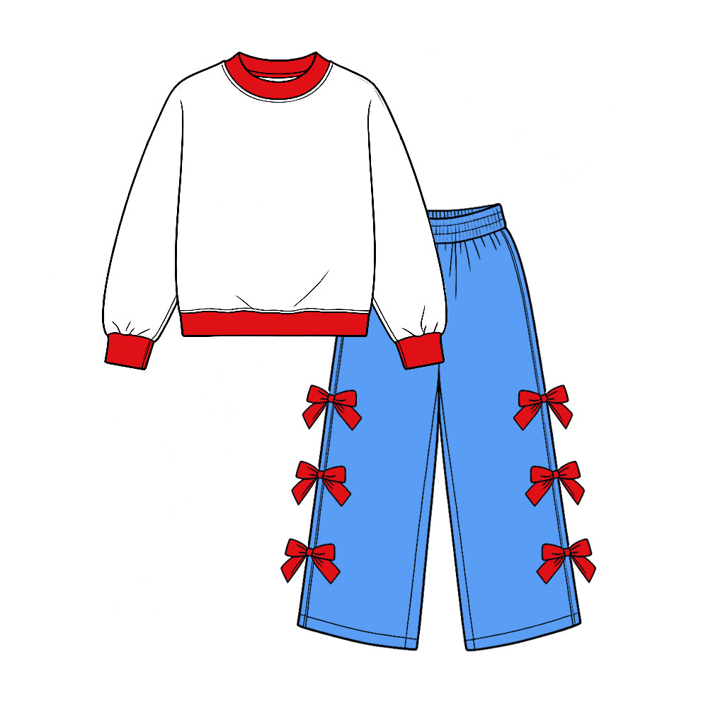 Preorder (moq 5) GLP4038 Baby Girl Clothes Mixed Color Print Long Sleeve Red Bow Flare Pant Set