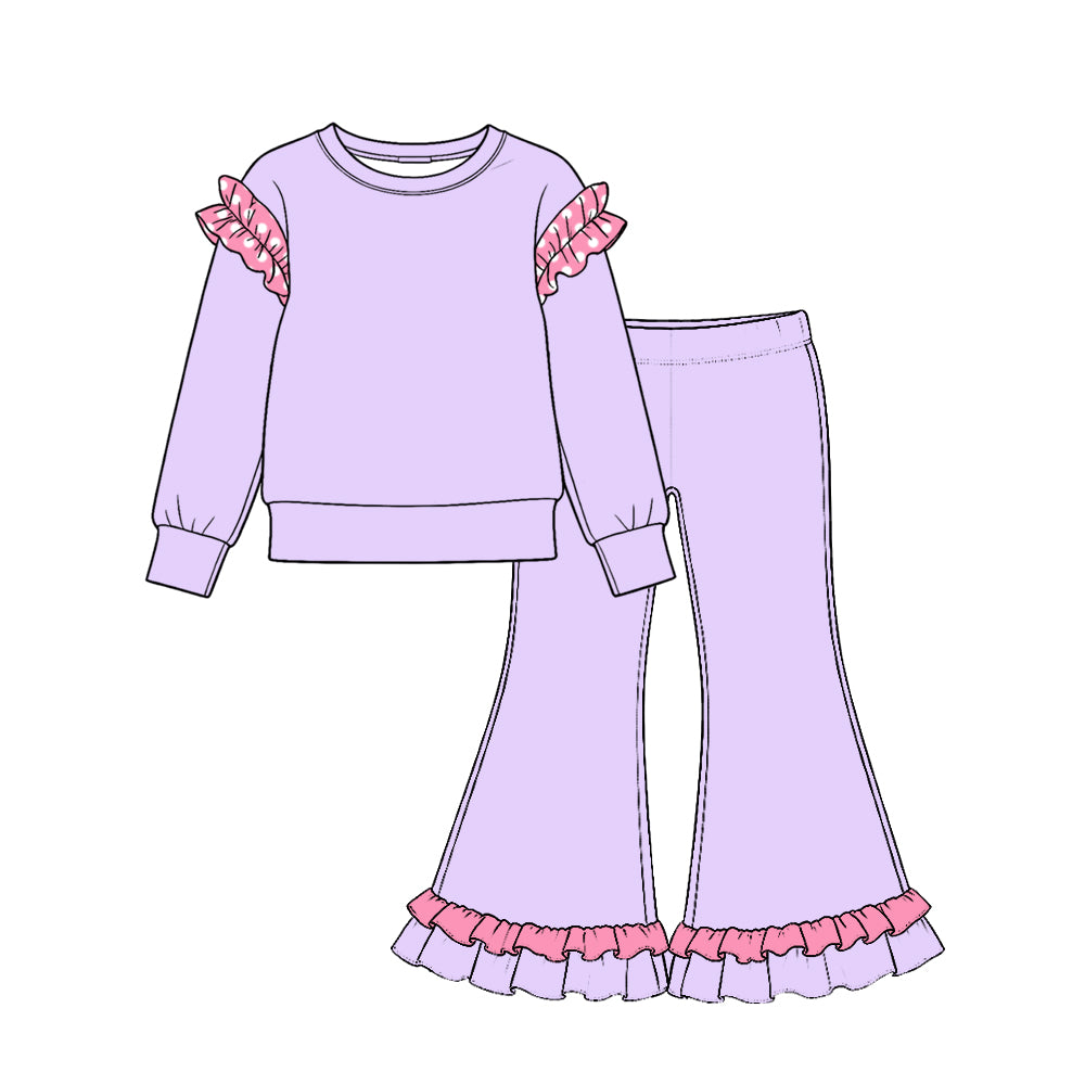 Preorder (moq 5) GLP4042 Baby Girl Clothes Solid Light Purple Print Long Sleeve Ruffle Flare Pant Set