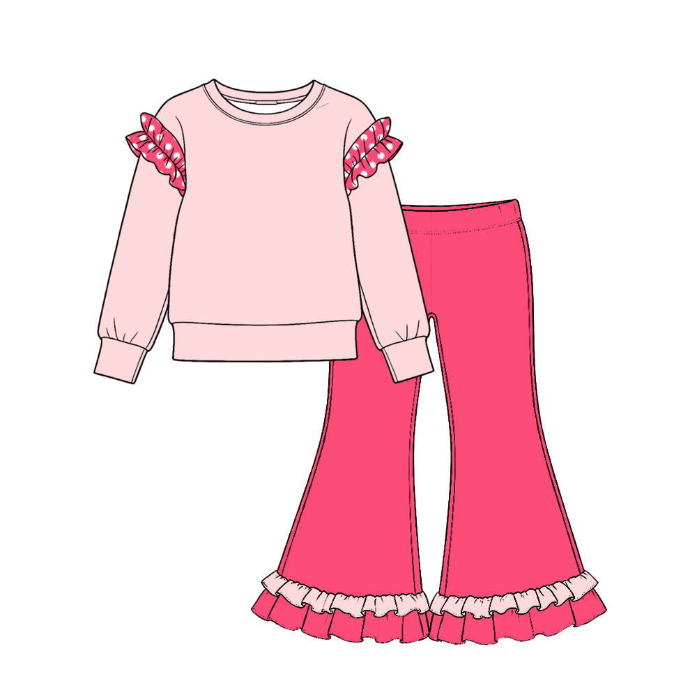 Preorder (moq 5) GLP4043 Baby Girl Clothes Solid Pink Print Long Sleeve Ruffle Flare Pant Set