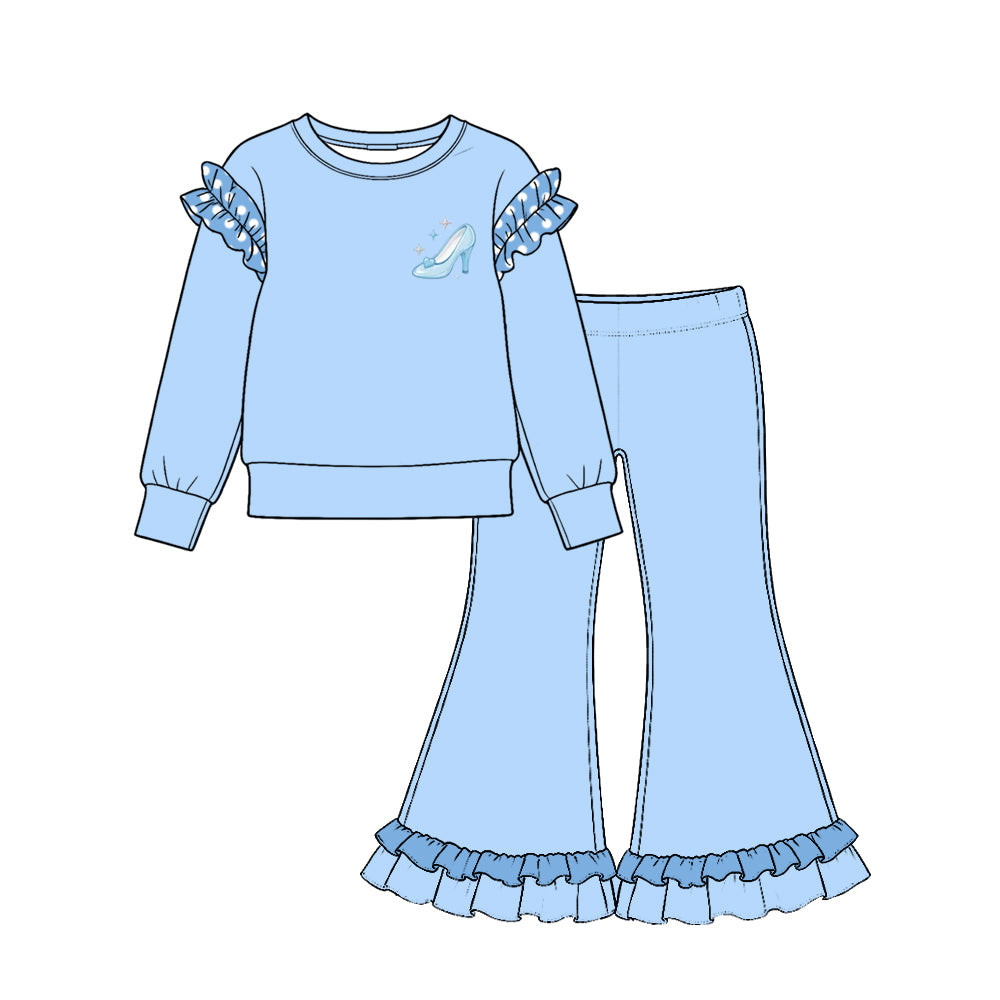 Preorder (moq 5) GLP4045 Baby Girl Clothes Light Blue Simple Embroidery Print Long Sleeve Ruffle Flare Pant Set