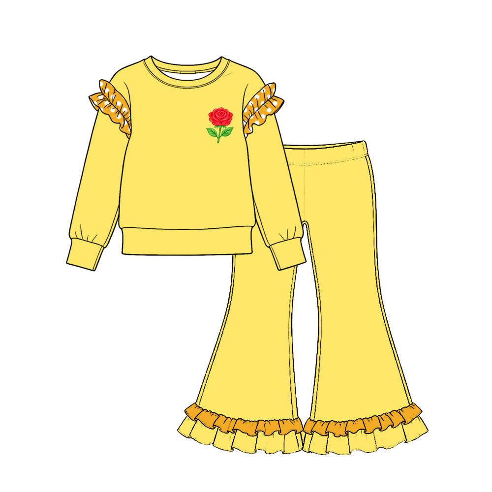 Preorder (moq 5) GLP4046 Baby Girl Clothes Solid Yellow Strawberry Embroidery Print Long Sleeve Ruffle Flare Pant Set
