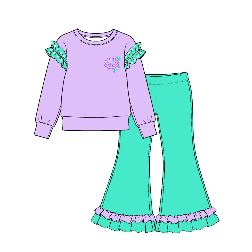 Preorder (moq 5) GLP4047 Baby Girl Clothes Solid Lavender Fruit Embroidery Print Long Sleeve Ruffle Flare Pant Set