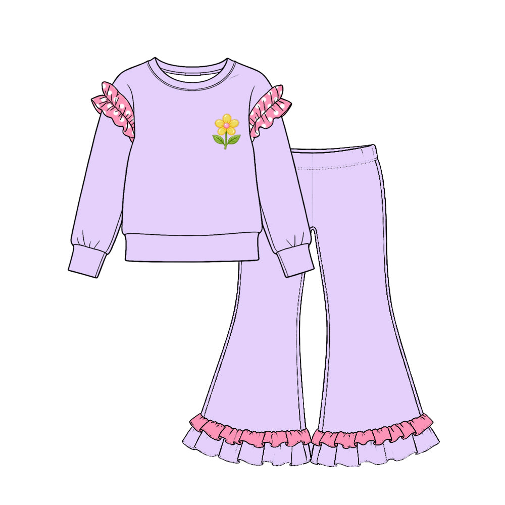 Preorder (moq 5) GLP4048 Baby Girl Clothes Solid Light Purple Flower Embroidery Print Long Sleeve Ruffle Flare Pant Set