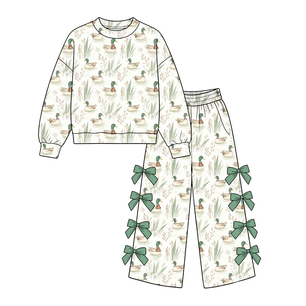 Preorder (moq 5) GLP4051 Baby Girl Clothes Mallard Duck Reed Watercolor Print Long Sleeve Bow Flare Pant Set