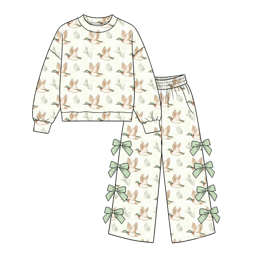 Preorder (moq 5) GLP4052 Baby Girl Clothes Flying Mallard Duck Nature Print Long Sleeve Bow Flare Pant Set