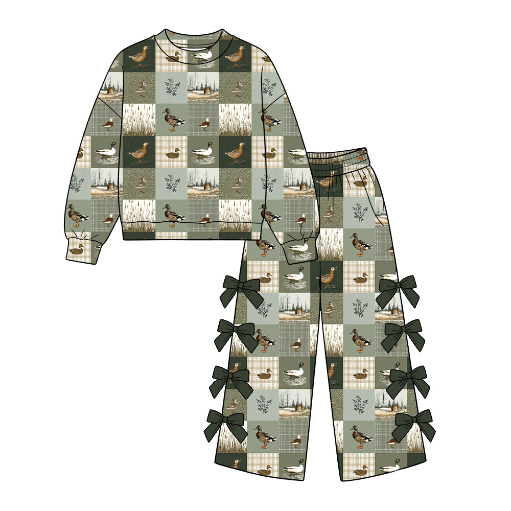 Preorder (moq 5) GLP4053 Baby Girl Clothes Mallard Duck Patchwork Grid Print Long Sleeve Bow Flare Pant Set