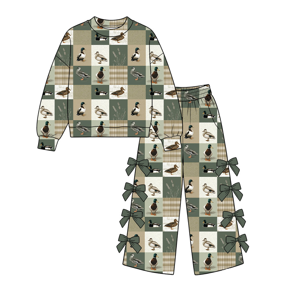 Preorder (moq 5) GLP4054 Baby Girl Clothes Duck Plaid Patchwork Mixed Print Long Sleeve Bow Flare Pant Set