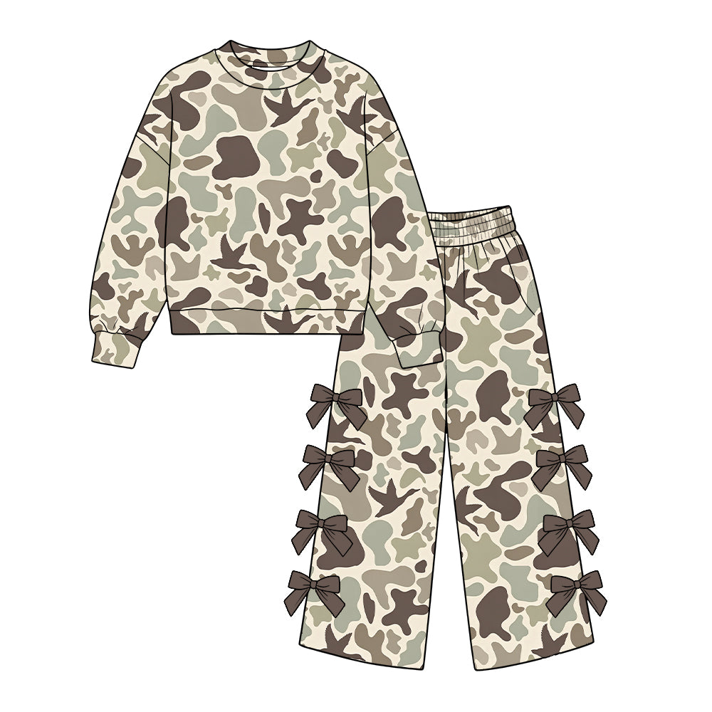 Preorder (moq 5) GLP4055 Baby Girl Clothes Duck Hunting Camo Print Long Sleeve Bow Flare Pant Set