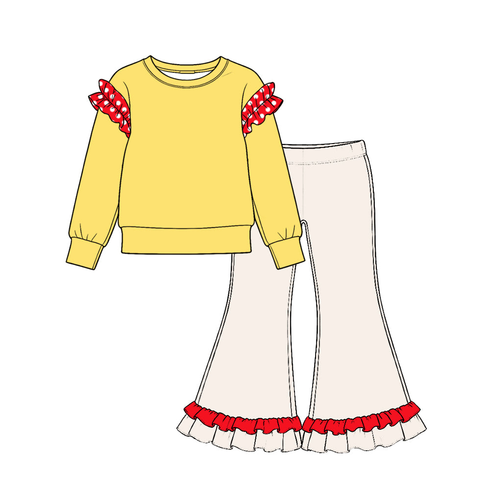 Preorder (moq 5) GLP4060 Baby Girl Clothes Solid Color Plaid Ruffle Accent Print Long Sleeve Flare Pant Set