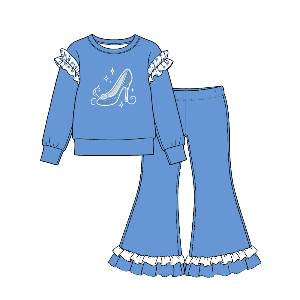 Preorder (moq 5) GLP4061 Baby Girl Clothes Moon Star Graphic Print Long Sleeve Ruffle Flare Pant Set