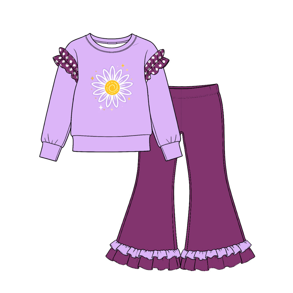 Preorder (moq 5) GLP4063 Baby Girl Clothes Sunflower Graphic Print Long Sleeve Ruffle Flare Pant Set