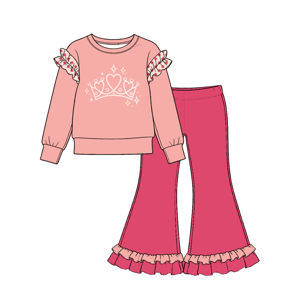 Preorder (moq 5) GLP4065 Baby Girl Clothes Bow Star Graphic Print Long Sleeve Ruffle Flare Pant Set