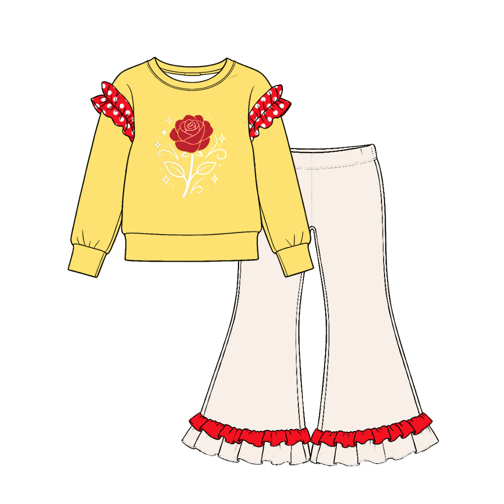 Preorder (moq 5) GLP4066 Baby Girl Clothes Rose Flower Graphic Print Long Sleeve Ruffle Flare Pant Set