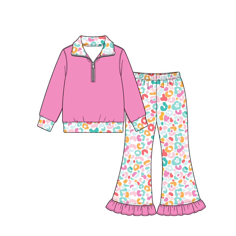 Preorder (moq 5) GLP4069 Baby Girl Clothes Pink Multicolor Leopard Contrast Print Long Sleeve Half Zip Ruffle Flare Pant Set