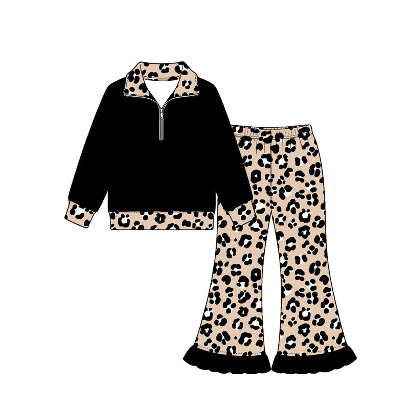 Preorder (moq 5) GLP4070 Baby Girl Clothes Classic Leopard Contrast Print Long Sleeve Half Zip Ruffle Flare Pant Set
