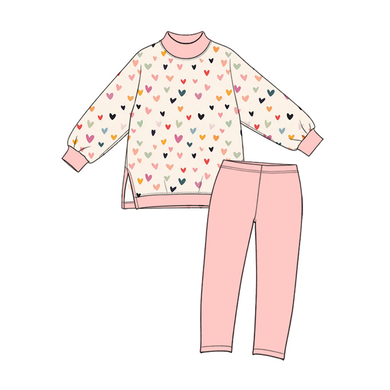 Preorder (moq 5) GLP4073 Baby Girl Clothes Tiny Heart Dot Print Long Sleeve Yoga Top Solid Pink Yoga Pant Set