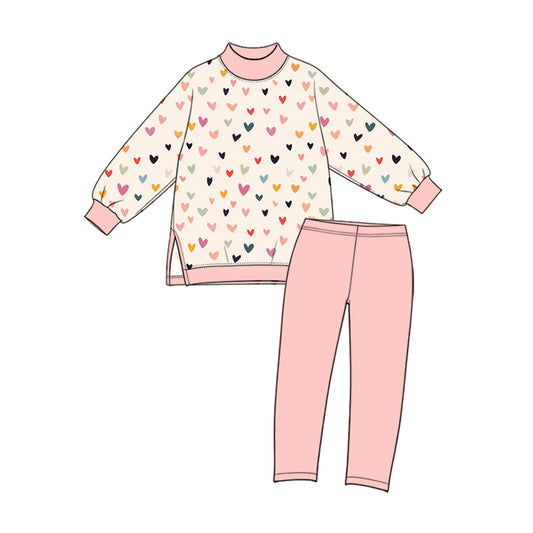 Preorder (moq 5) GLP4073 Baby Girl Clothes Tiny Heart Dot Print Long Sleeve Yoga Top Solid Pink Yoga Pant Set