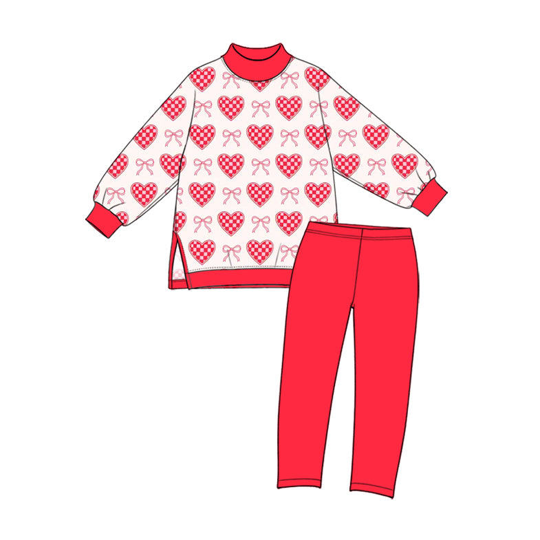 Preorder (moq 5) GLP4074 Baby Girl Clothes Red Heart Bow Print Long Sleeve Yoga Top Solid Red Yoga Pant Set