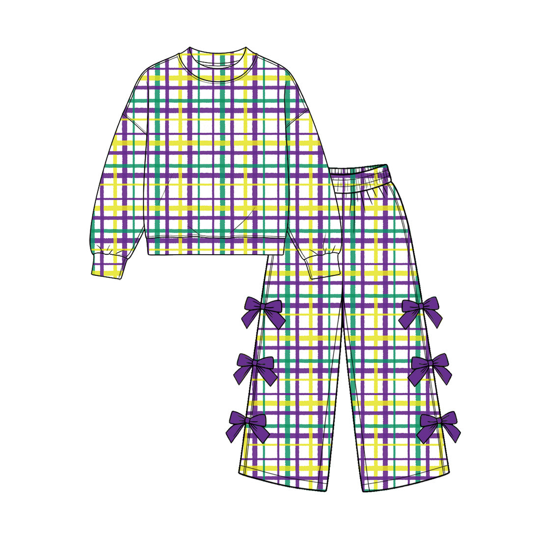 Preorder (moq 5) GLP4078 Baby Girl Clothes Mardi Gras Plaid Print Long Sleeve Bow Flare Pant Set