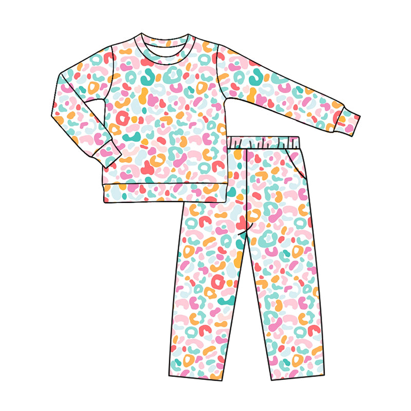 Preorder (moq 5) GLP4082 Baby Girl Clothes Pastel Pink Green Leopard Print Long Sleeve Outfit Set