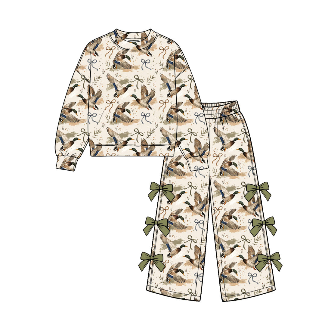 Preorder (moq 5) GLP4086 Baby Girl Clothes Duck Full Print Long Sleeve Top Bow Flare Pants Outfit Set