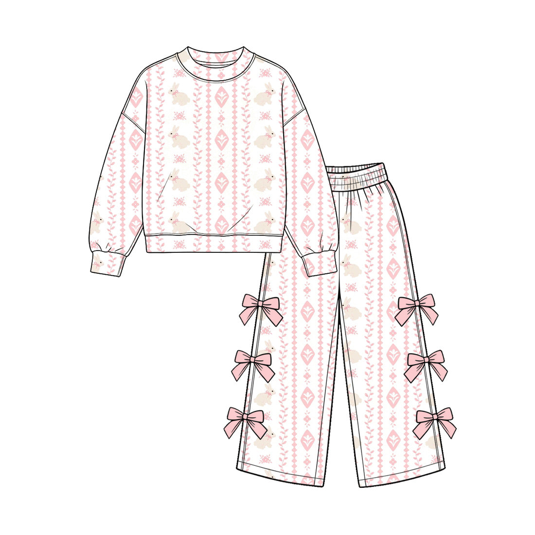 Preorder (moq 5) GLP4089 Baby Girl Clothes Pink Floral Print Long Sleeve Top Bow Flare Pants Outfit Set