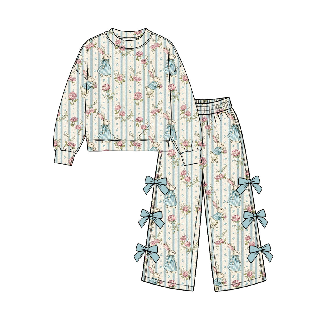 Preorder (moq 5) GLP4090 Baby Girl Clothes Blue Floral Print Long Sleeve Top Bow Flare Pants Outfit Set