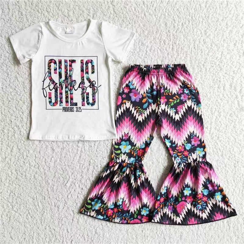 promotion she is tearless letters stripe floral white black short sleeve bell bottom girl outfits rts