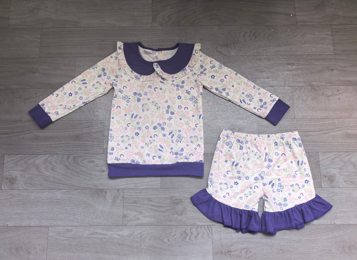 Sample-Real Pics GLS0033 Baby Girl Clothes Tiny Flower Rainbow Bow Mixed Print Long Sleeve Peter Pan Collar Ruffle Short Set