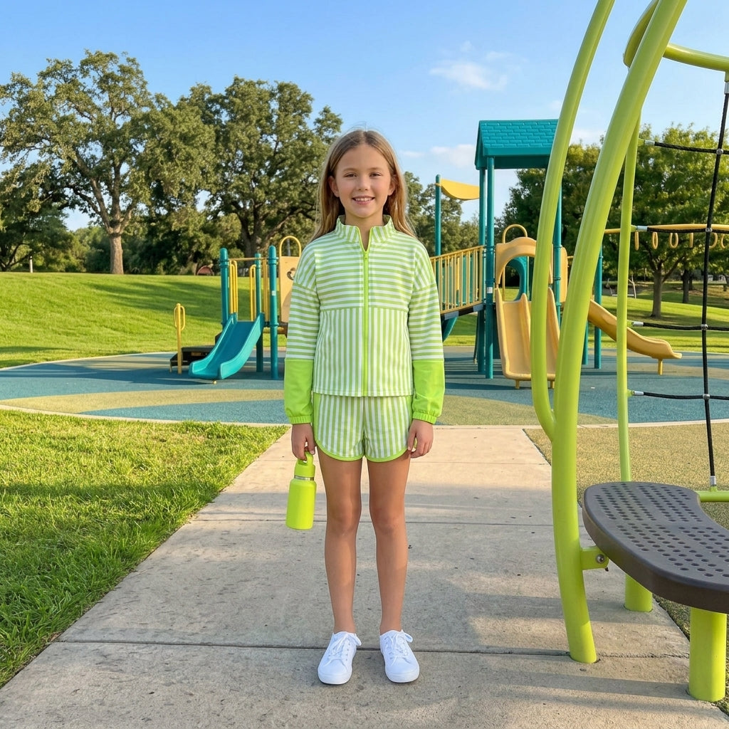 NO MOQ RTS GLS0109(1)-yoga-bundle Baby Girl Clothes Lime Green Stripe Color Block Print Long Sleeve Top Short Set 202610