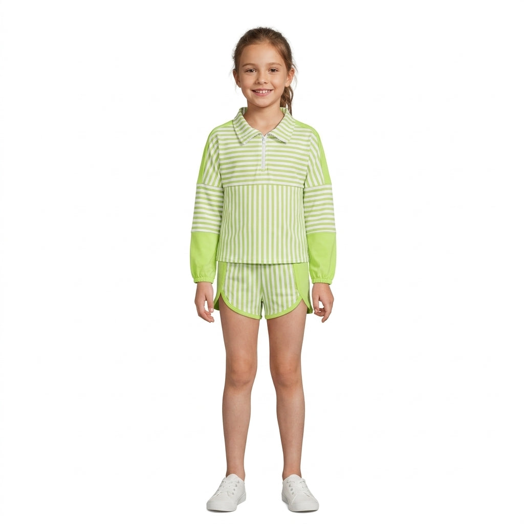 NO MOQ RTS GT1718(1)-yoga Baby Girl Clothes Lime Green White Stripe Color Block Print Long Sleeve Half Zip Polo Top 202610