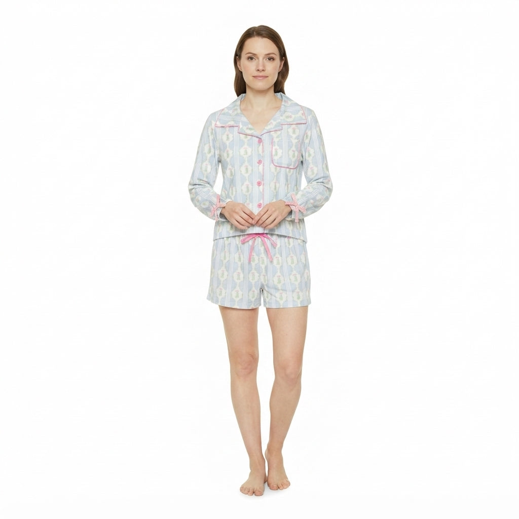 NO MOQ RTS GLS0114 women Clothes Christmas Wreath Stripe Allover Print Long Sleeve Button Shirt Short Pajama Set 202610