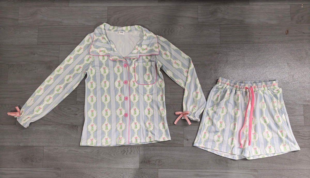 Sample-Real Pics GLS0114 Women Clothes Christmas Tree Bow Striped Print Long Sleeve Shirt Short Pajama Set