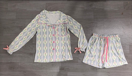 Sample-Real Pics GLS0114 Women Clothes Christmas Tree Bow Striped Print Long Sleeve Shirt Short Pajama Set