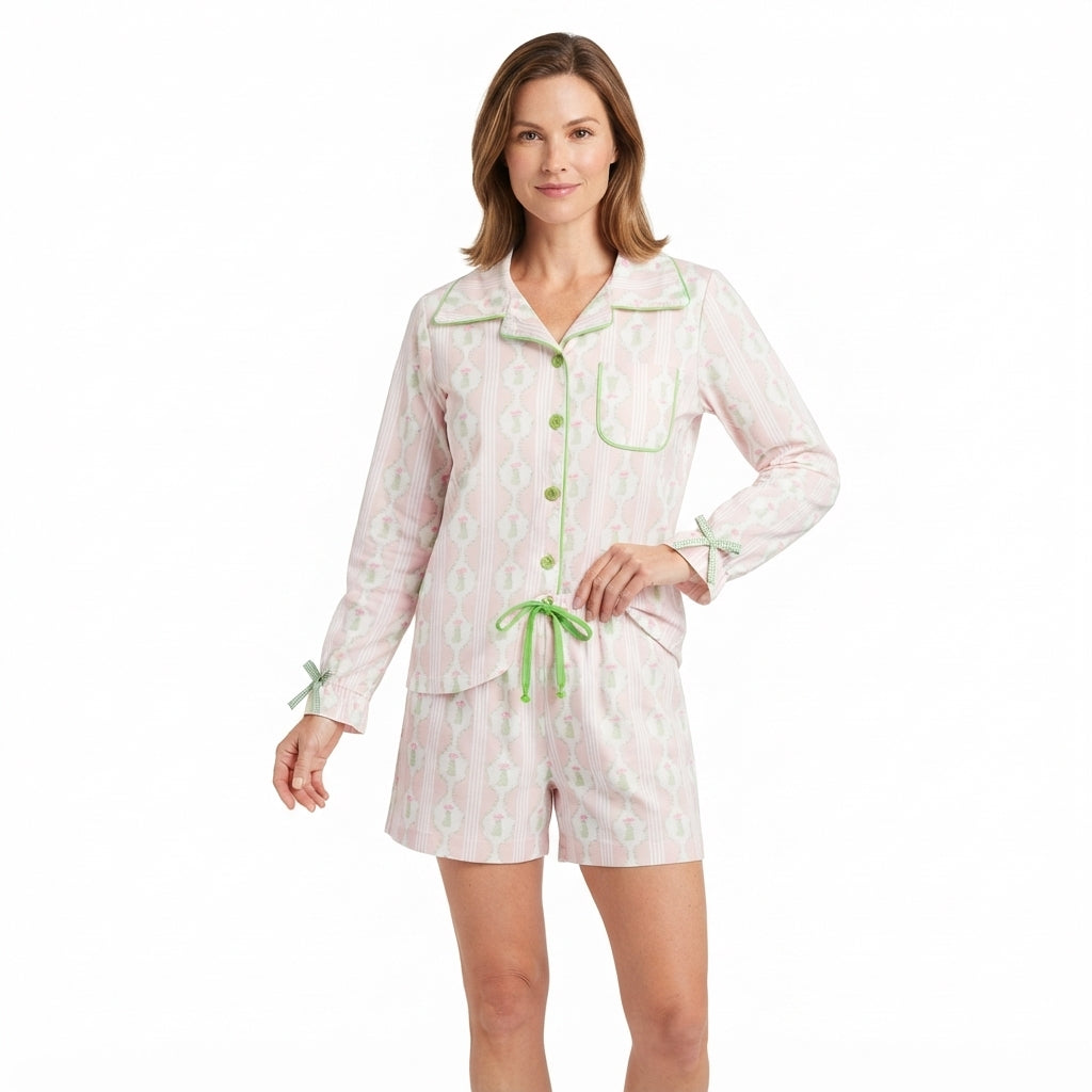 NO MOQ RTS GLS0115 women Clothes Pink Christmas Wreath Stripe Allover Print Long Sleeve Button Shirt Short Pajama Set 202610