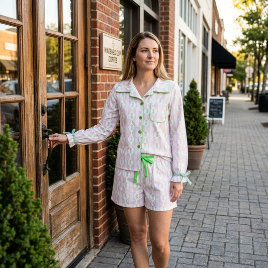 NO MOQ RTS GLS0115 women Clothes Pink Christmas Wreath Stripe Allover Print Long Sleeve Button Shirt Short Pajama Set 202610
