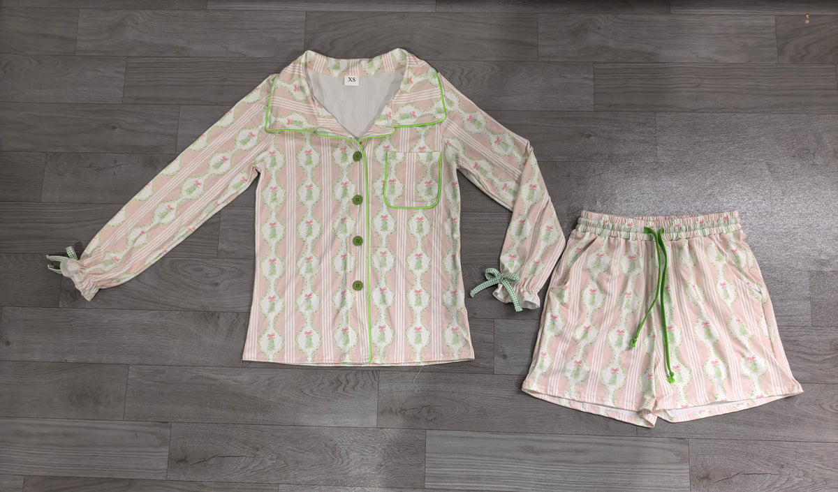 Sample-Real Pics GLS0115 Women Clothes Christmas Tree Bow Striped Print Long Sleeve Shirt Short Pajama Set