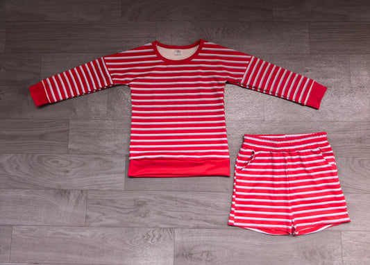 Sample-Real Pics GLS0122 Baby Girl Clothes Red Stripe Print Long Sleeve Top And Yoga Short Set