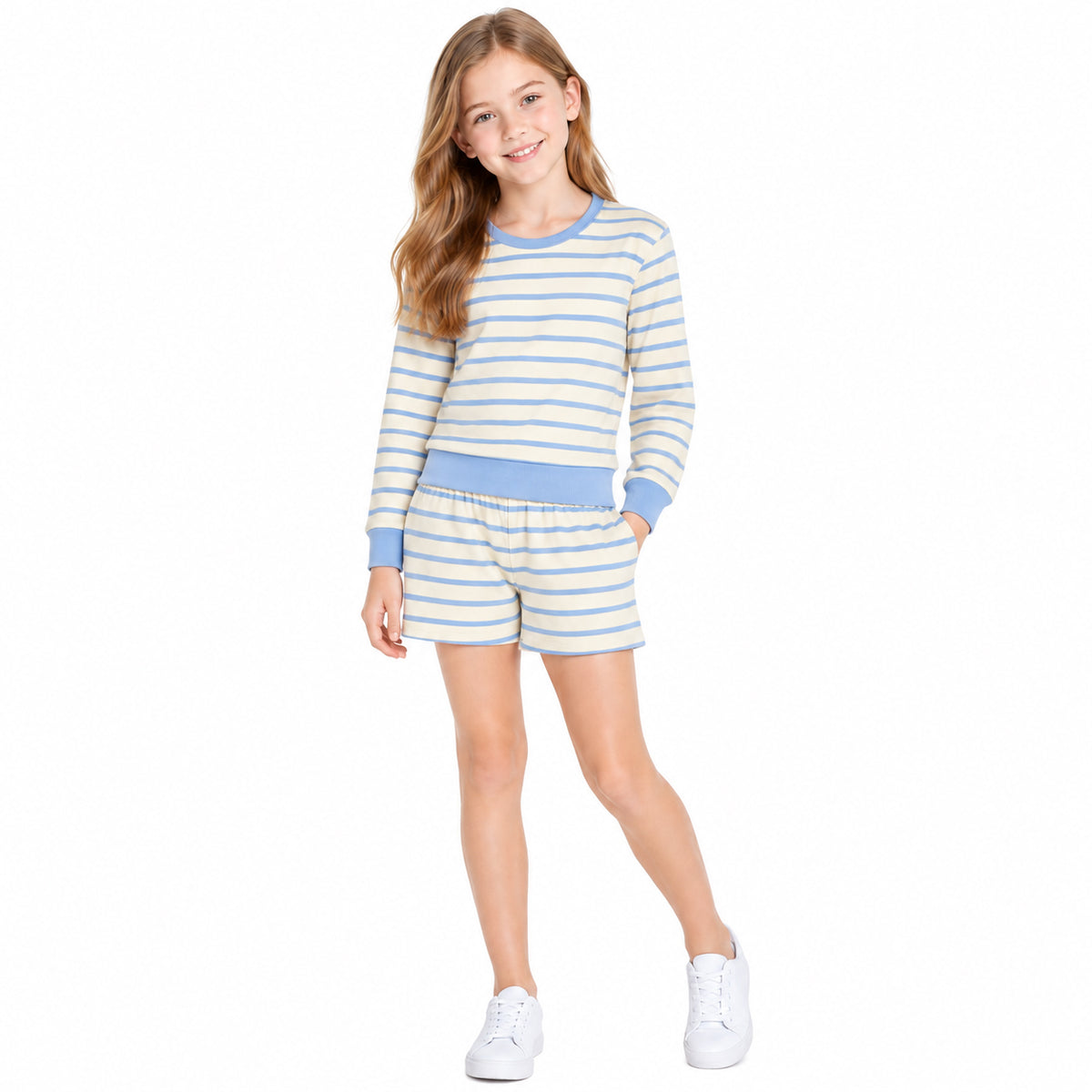 NO MOQ RTS GLS0125-yoga Baby Girl Clothes Blue Beige Stripe Print Long Sleeve Top Shorts Set 202610