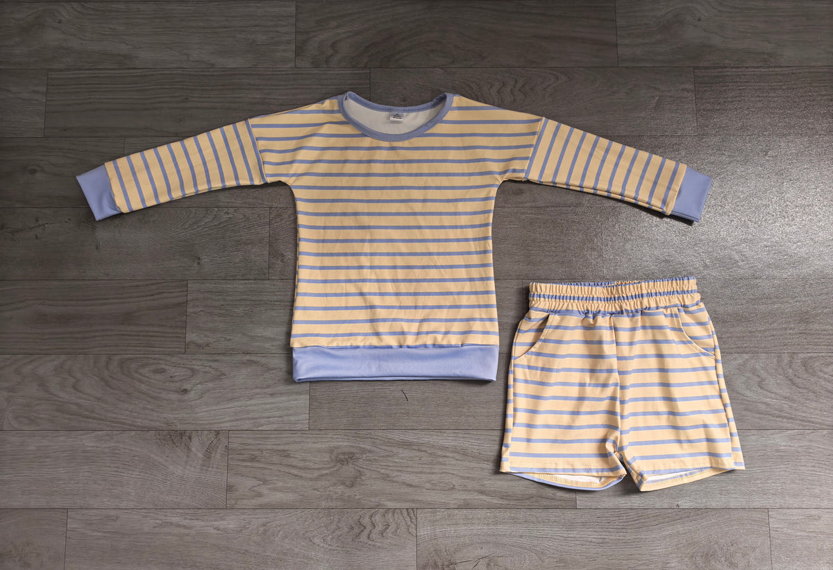Sample-Real Pics GLS0125 Baby Boy Clothes Striped Print Long Sleeve Top Shorts Outfit Set