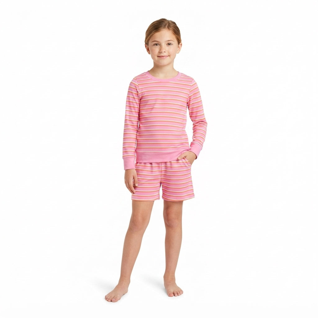 NO MOQ RTS GLS0126-yoga (2) Baby Girl Clothes Pink Orange Stripe Allover Print Long Sleeve Top Short Pant Set 202609