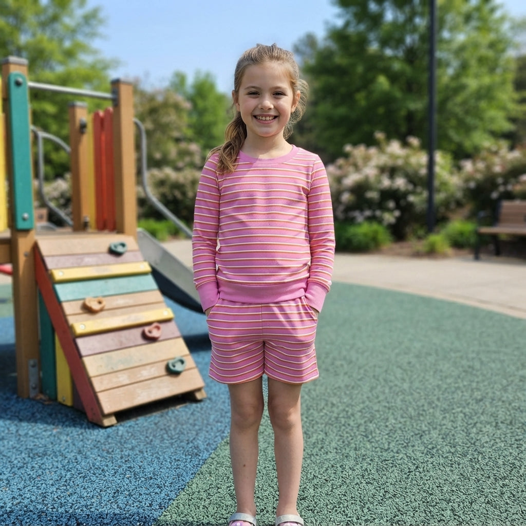 NO MOQ RTS GLS0126-yoga (2) Baby Girl Clothes Pink Orange Stripe Allover Print Long Sleeve Top Short Pant Set 202609