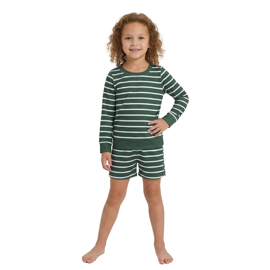 NO MOQ RTS GLS0128-yoga Green Stripe Yoga Set Long Sleeve Top & Shorts 2Pcs