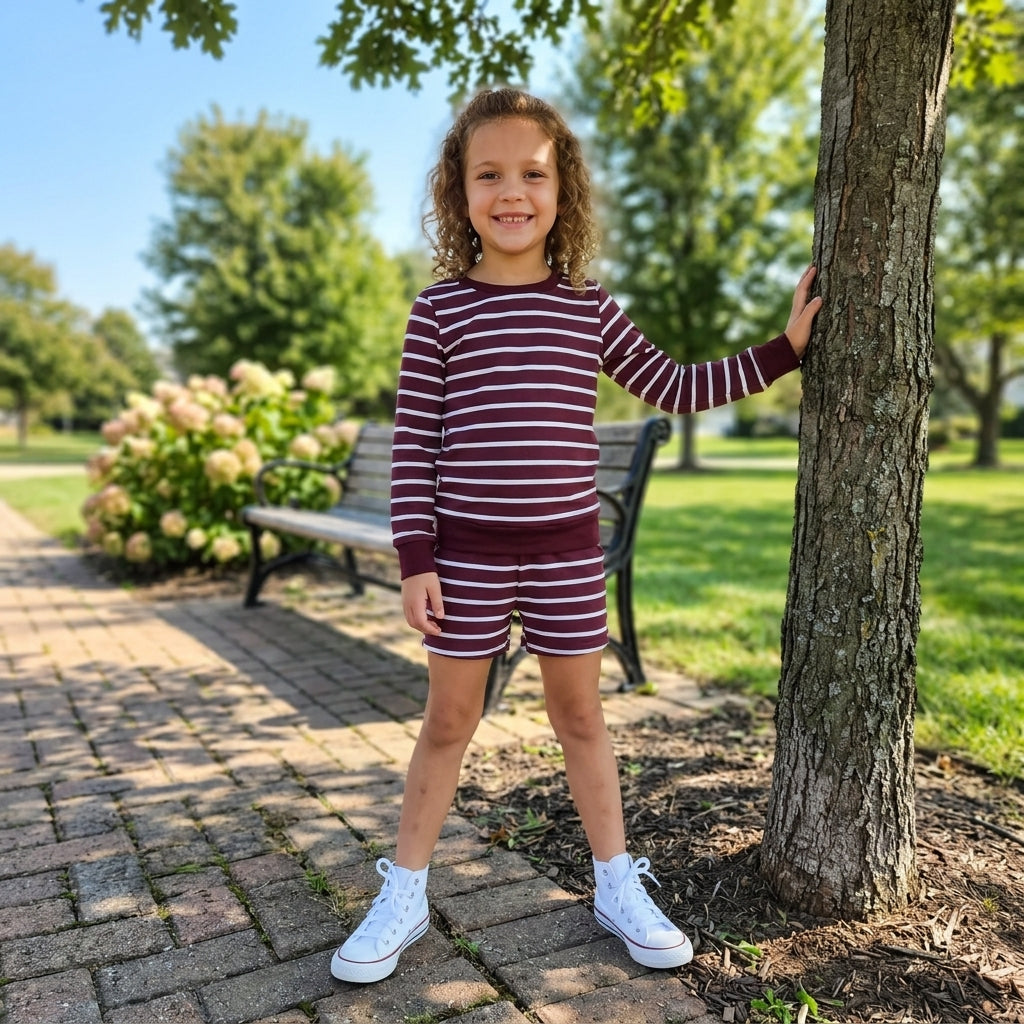 NO MOQ RTS GLS0130-yoga Maroon Stripe Yoga Set Long Sleeve Top & Shorts 2Pcs
